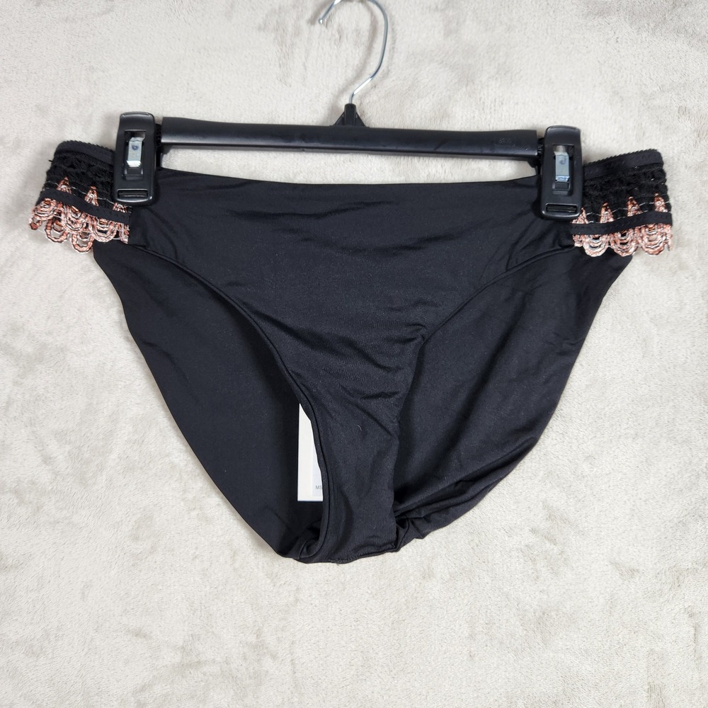 BECCA Swimwear Womens Large Black Layla Crochet-Trim Hipster Bikini Bottoms New